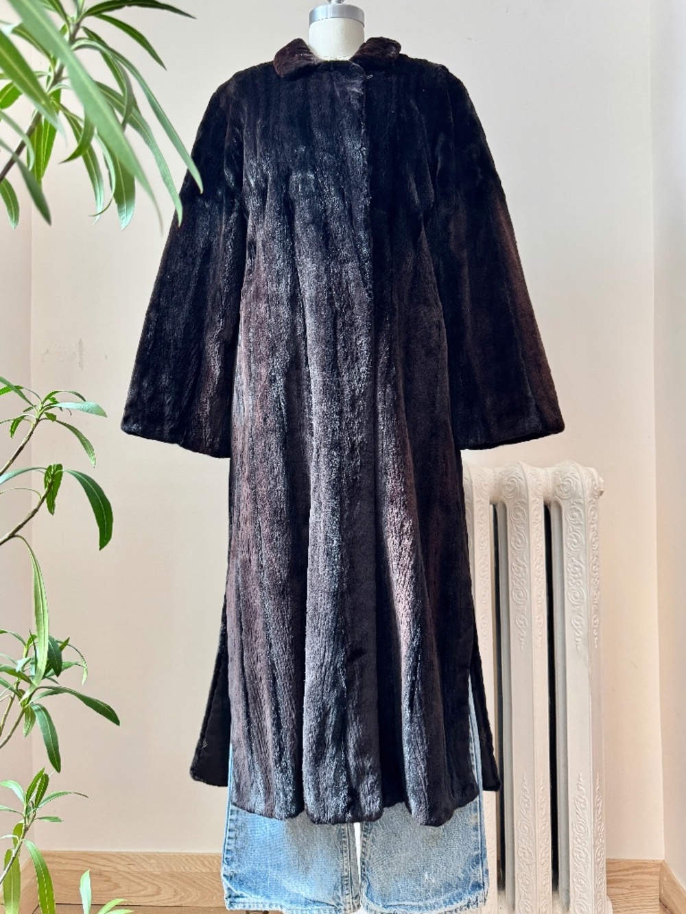 Vintage 1990s Sheared Mink Henri Sylvere Long Dark Brown Fur Coat Made in Canada